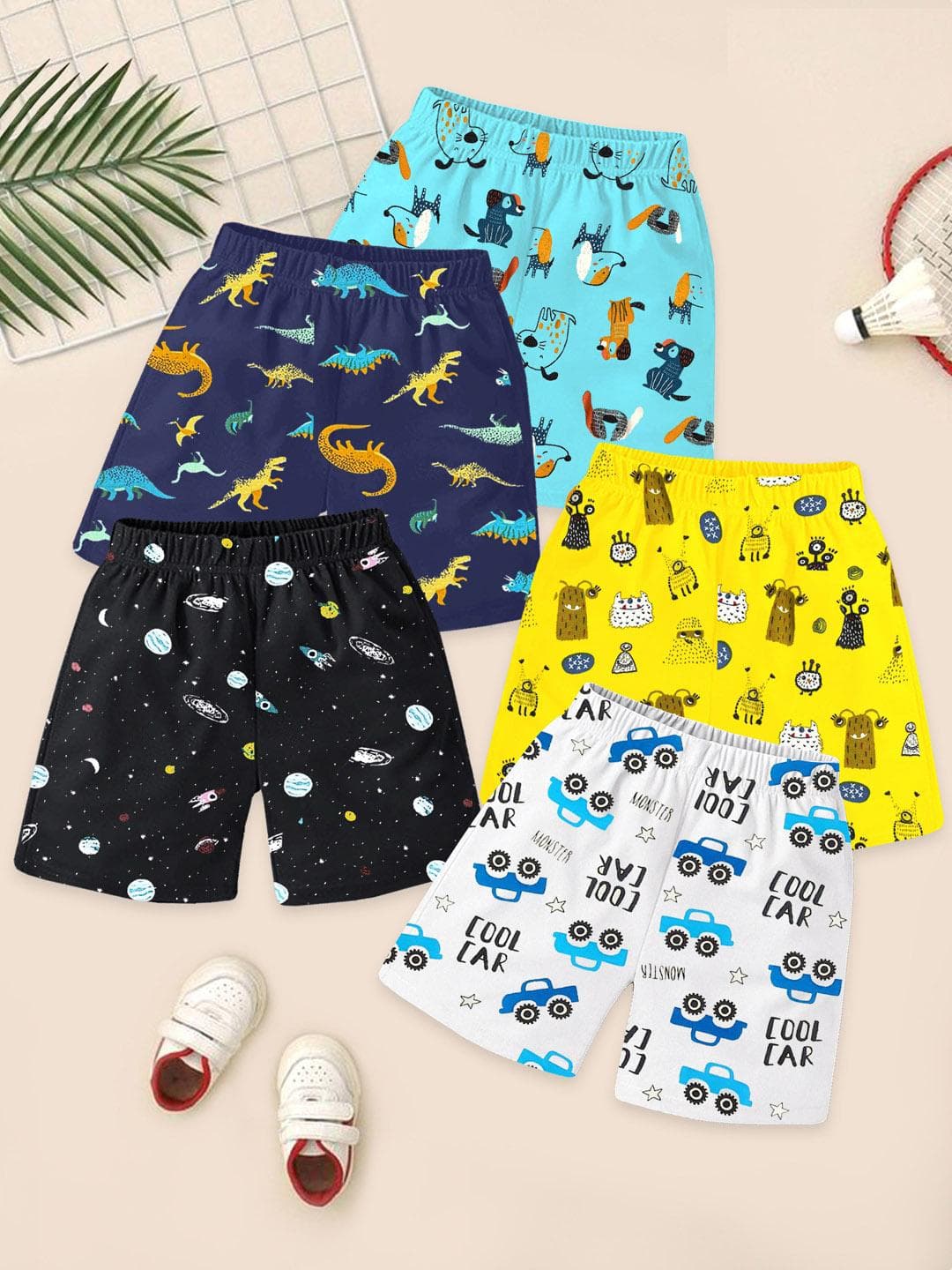 YK Kids Boys Pack of 5 Multicolor Printed Regular Fit Cotton Shorts