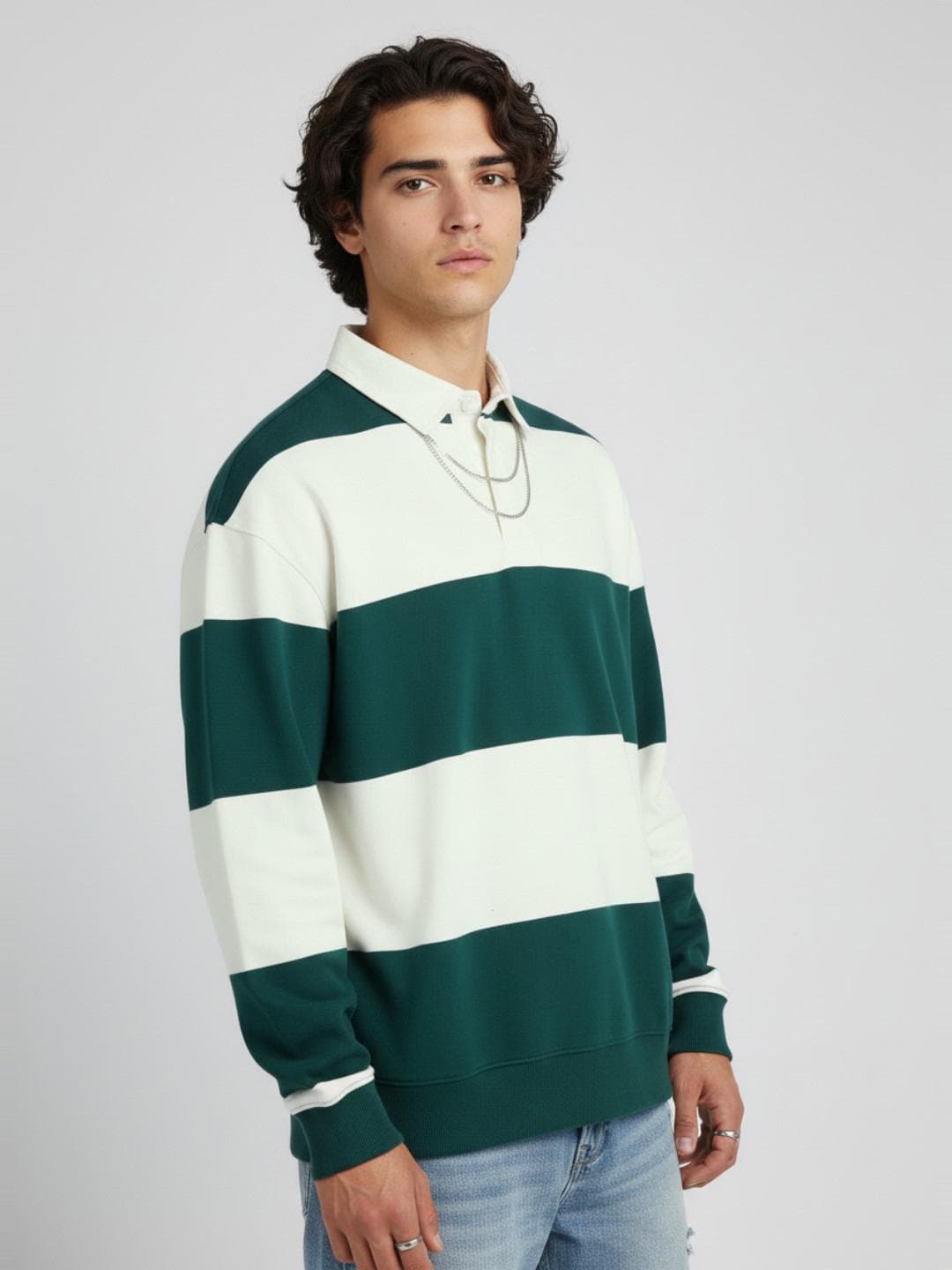 glitchez Horizontally Striped Drop-Sleeves Relaxed Fit Terry Sweatshirt