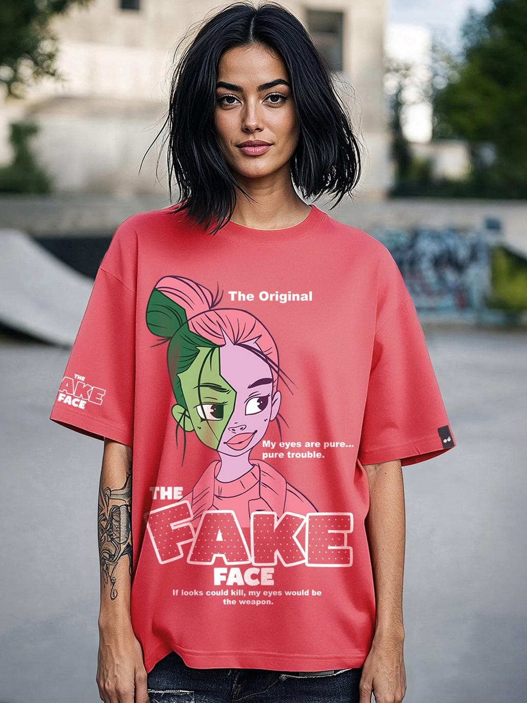 Bewakoof Women's Coral Pink Fake Face Graphic Printed Oversized T-shirt
