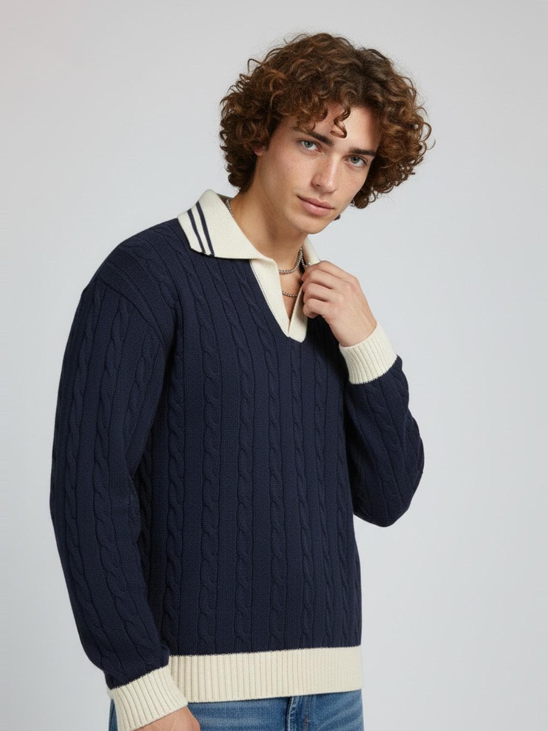 glitchez Men Cable Knit Relaxed Fit Pullover