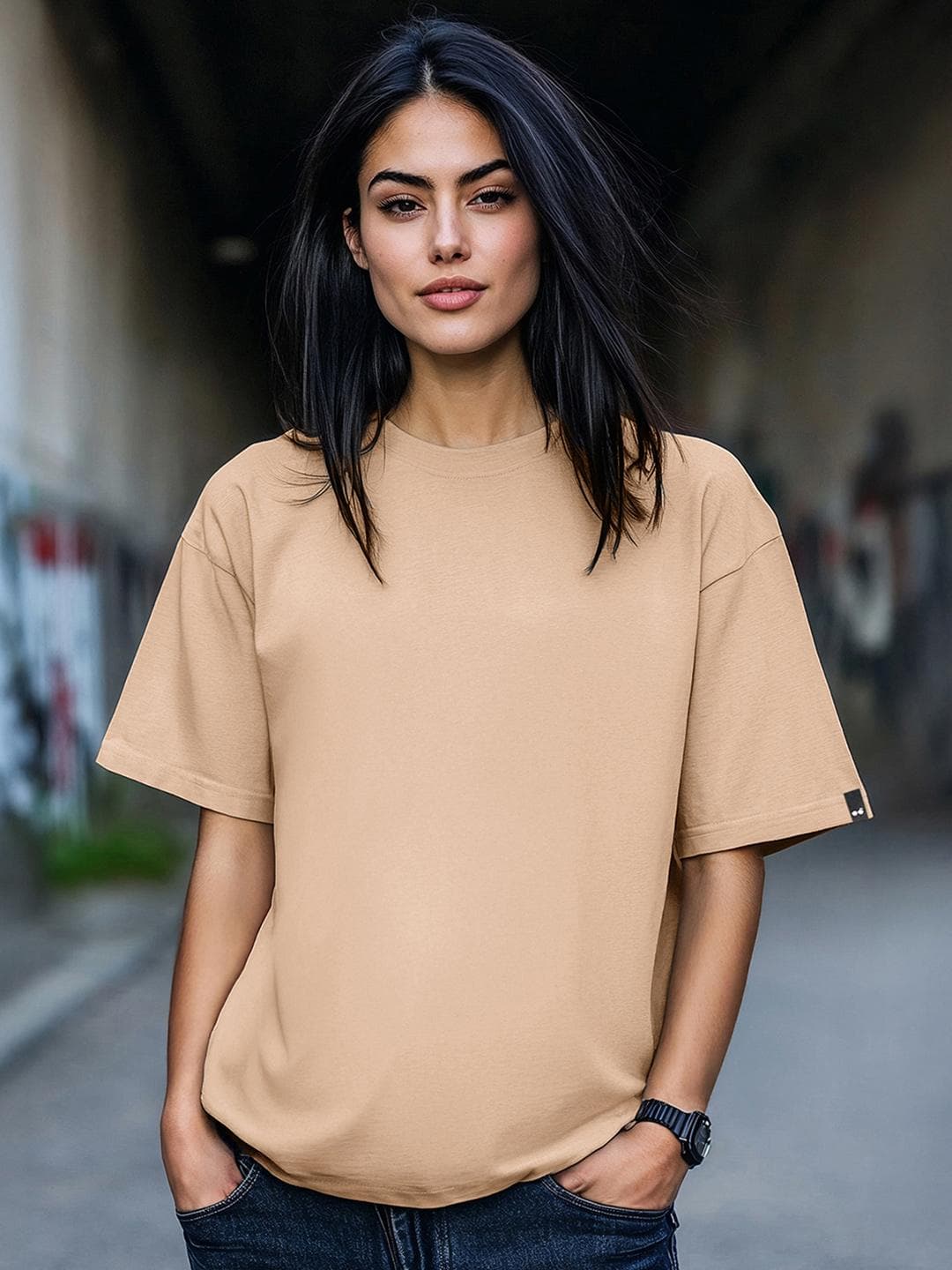 Bewakoof Women Brown Loose Tshirts Solid Cotton Drop-Shoulder Sleeves Oversized Fit T-shirt
