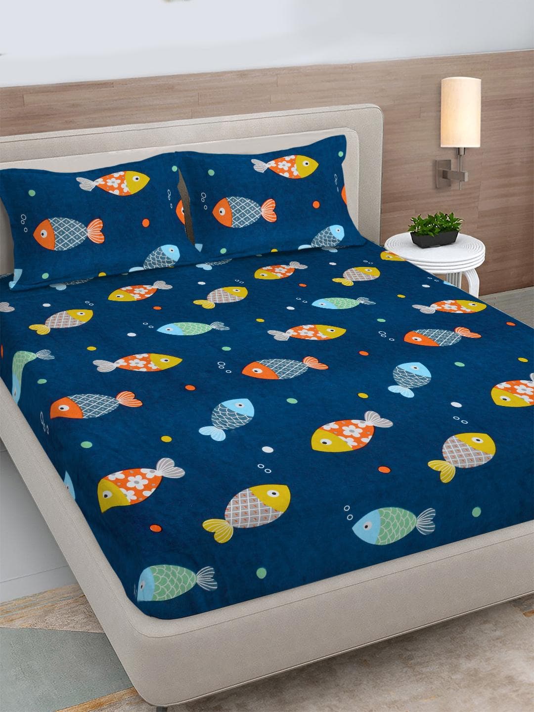 Buy FABINALIV Blue Cartoon Print Polycotton 300 TC Fitted King Bedsheet With 2 Pillow Covers - - Home for Unisex Kids