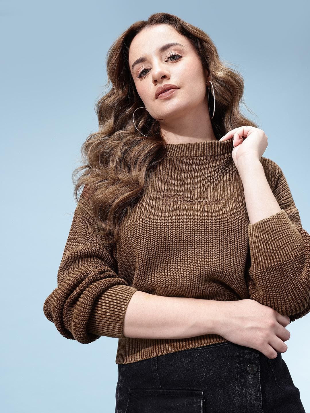 glitchez Ribbed Typography Drop Shoulder Sleeves Crop Oversized Pure Cotton Pullover