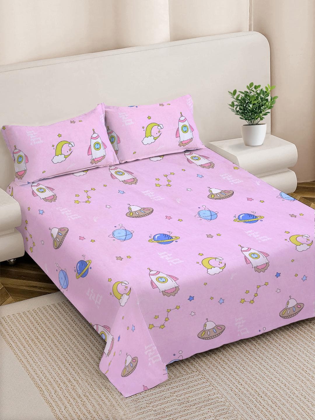 FABINALIV Pink Cartoon Print Polycotton 300 TC King Fine Bedsheet with 2 Pillow Covers