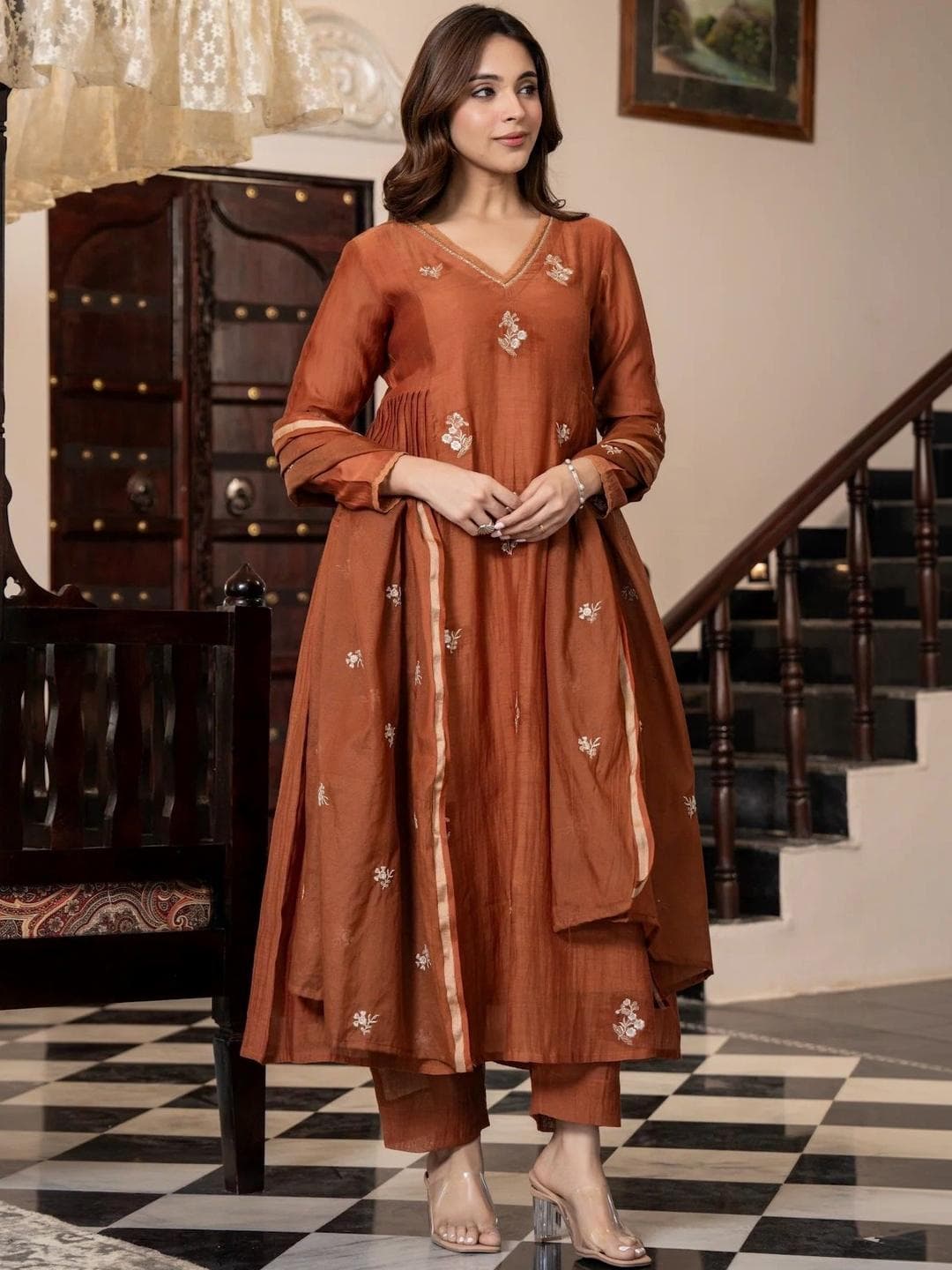 KALINI Women Ethnic Motifs Embroidered Panelled Thread Work Pure Cotton Kurta with Trousers & With Dupatta