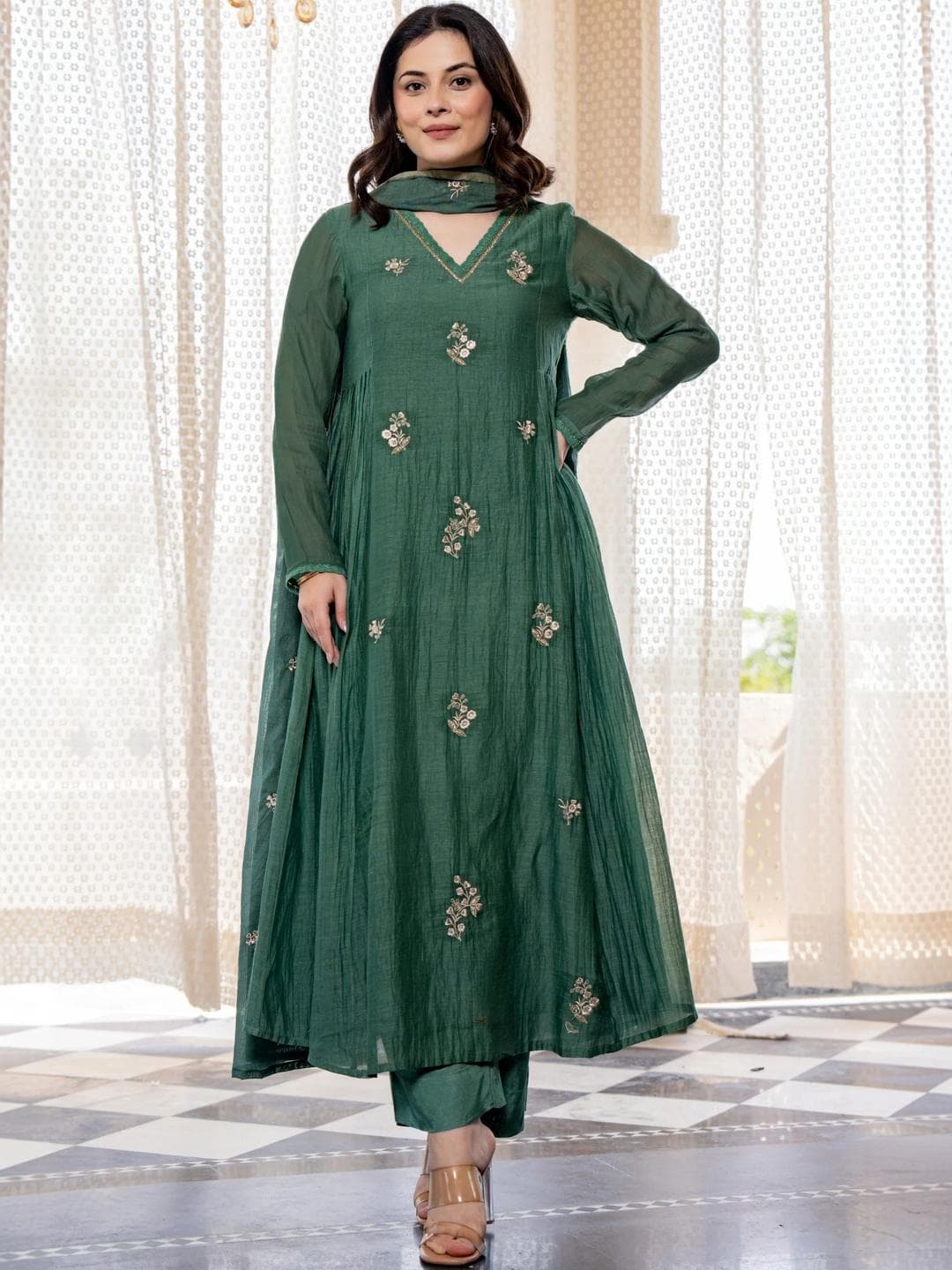 KALINI Women Ethnic Motifs Embroidered Panelled Thread Work Pure Cotton Kurta with Trousers & With Dupatta