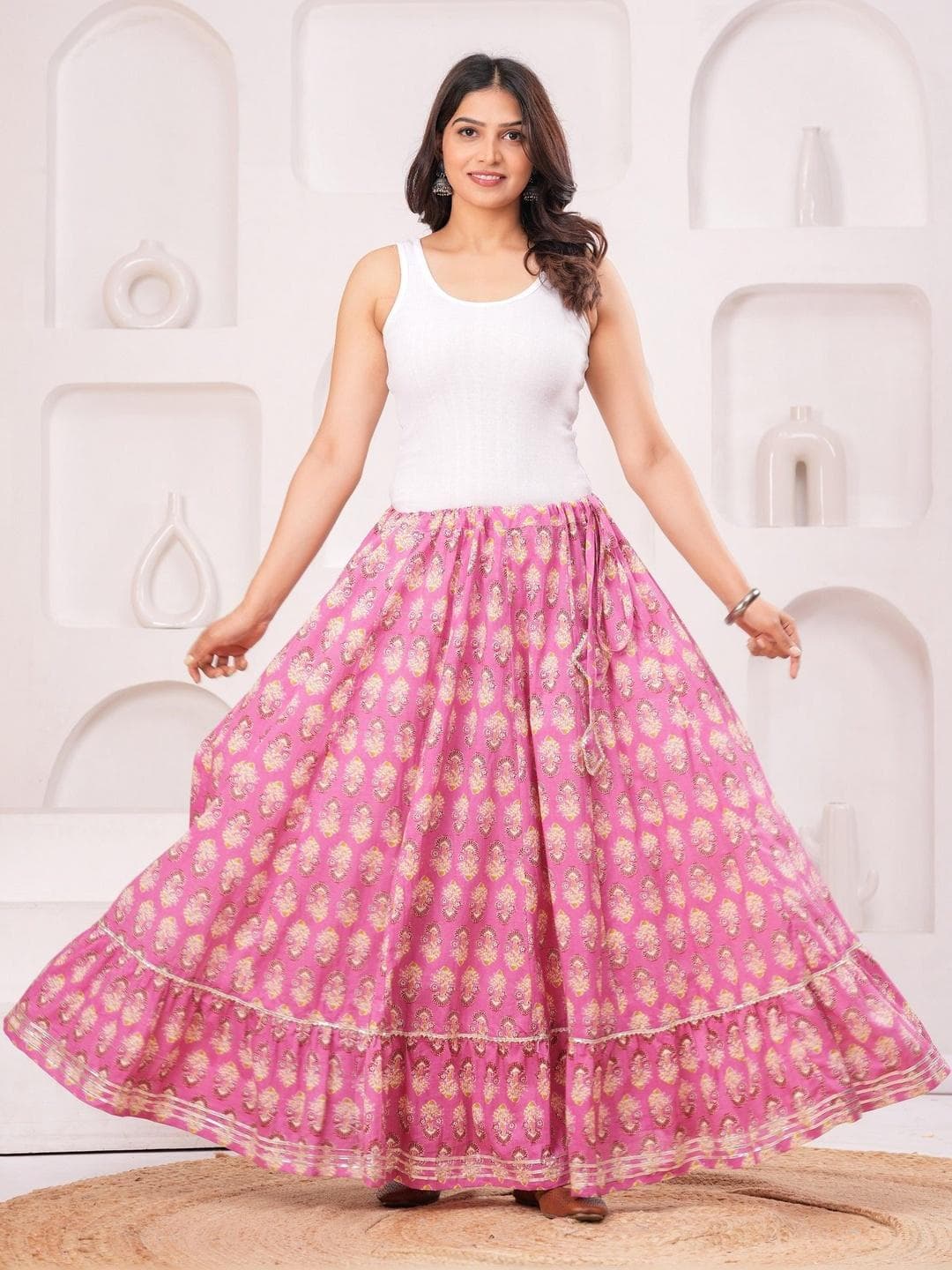 Maquien Printed Cotton Blend Maxi Flared Skirts