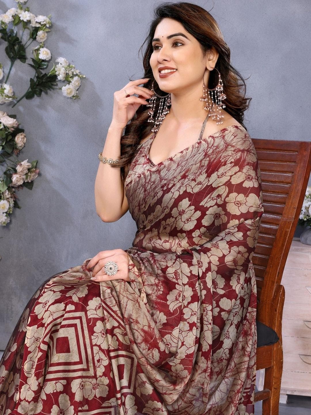 MAGNEITTA Floral Pure Chiffon Designer Saree