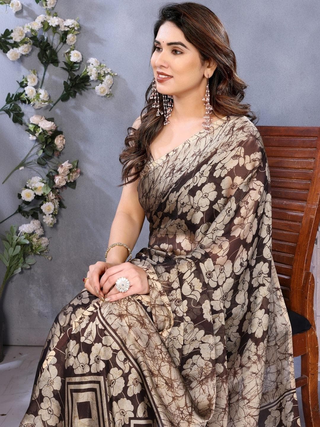 MAGNEITTA Floral Pure Chiffon Designer Saree
