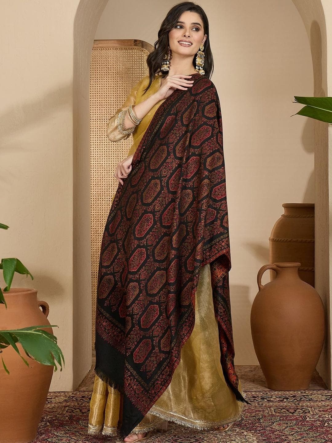 Sangria Ethnic Motifs Woven Design Shawl