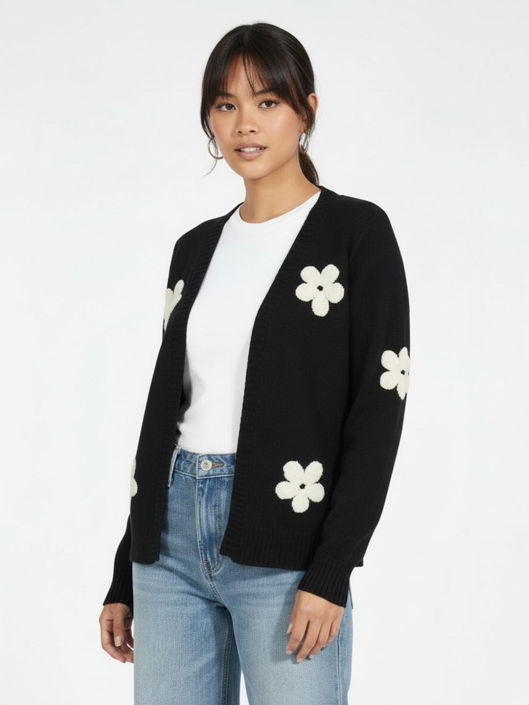glitchez Floral Applique Front Open Sweater