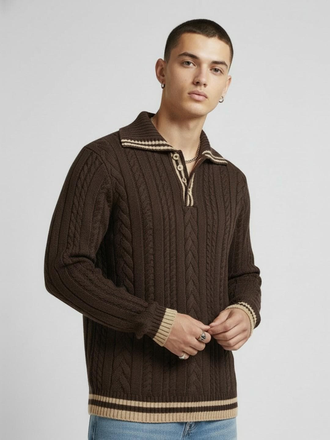 glitchez Contrast Striped Detail Cable Knit Pullover