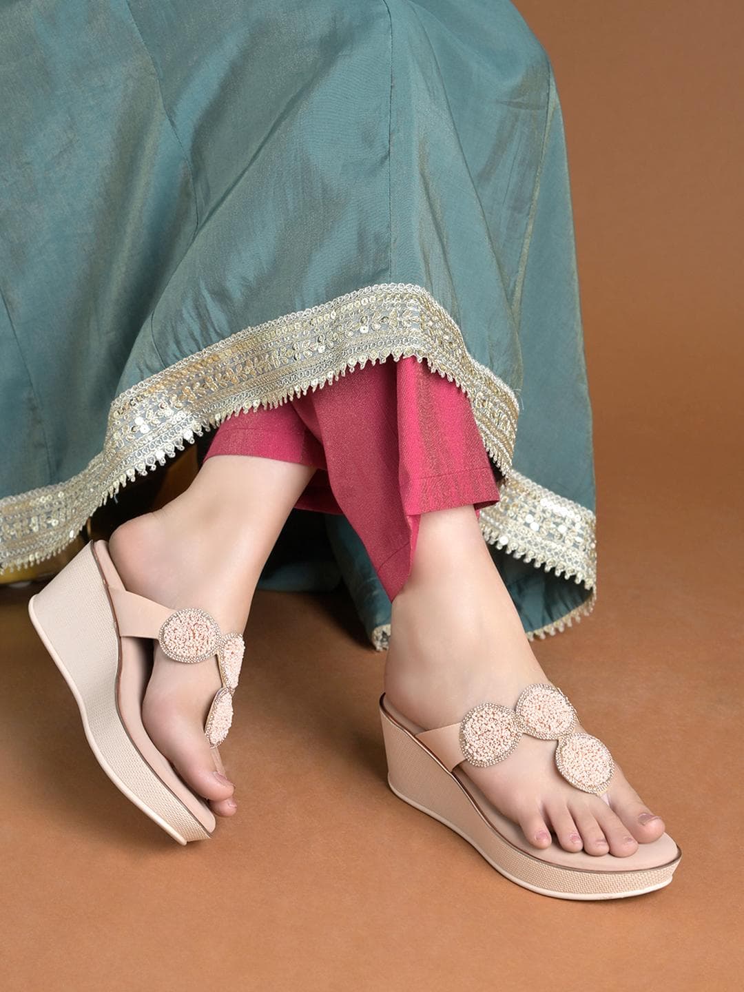 Shoetopia Embellished Ethnic Wedge Sandals