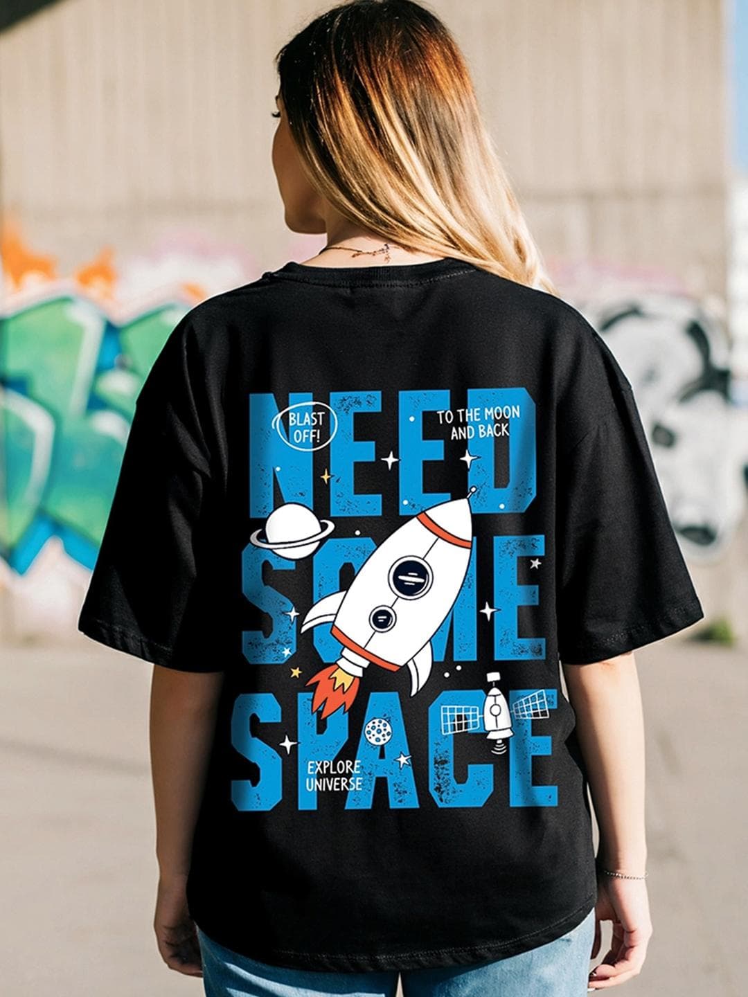 Bewakoof Women Space Black Graphic Printed Cotton Drop-Shoulder Sleeves Oversized Fit T-shirt