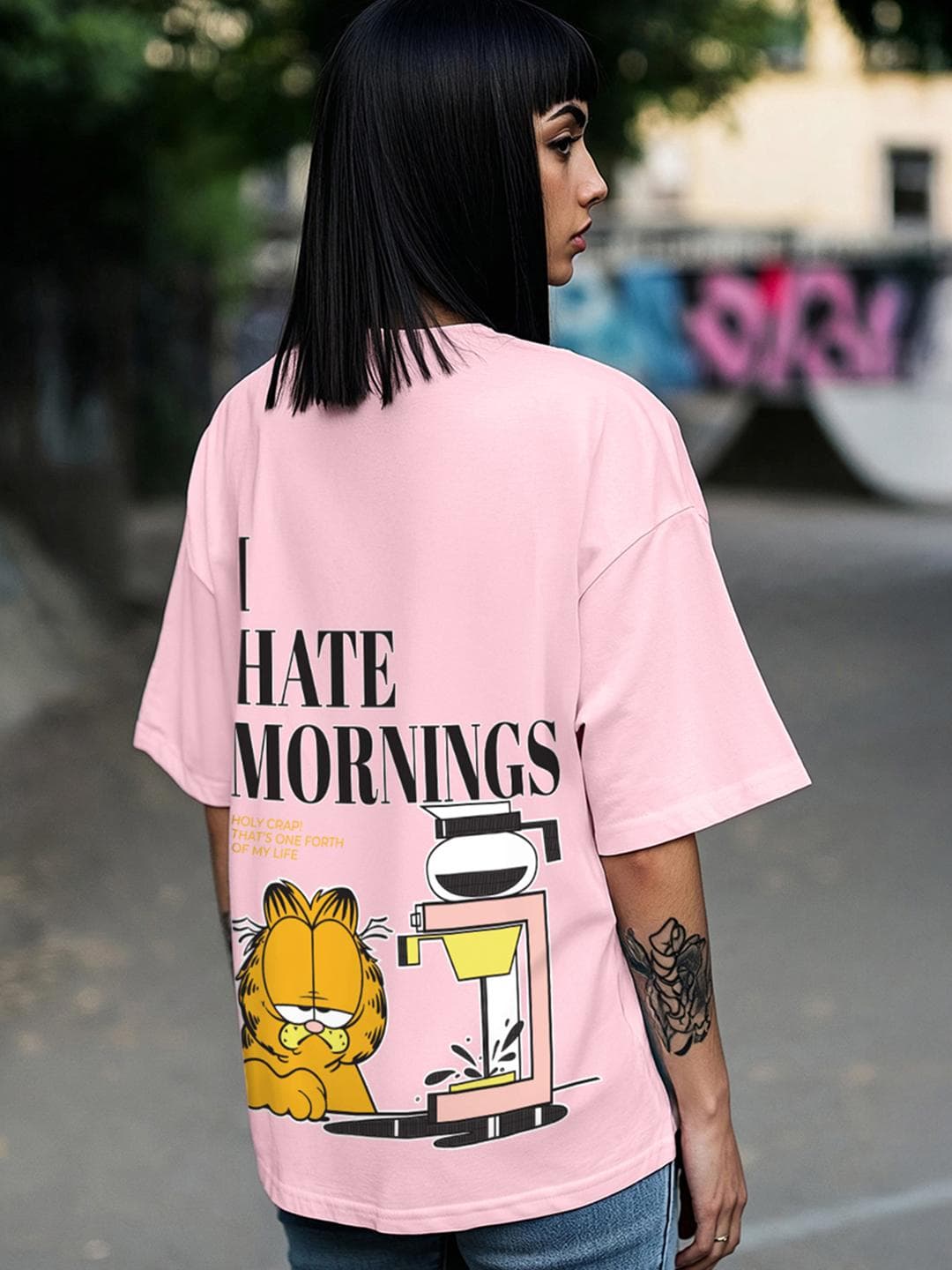 Bewakoof Official Garfield Merchandise Women I Hate Mornings Print Oversized T-shirt