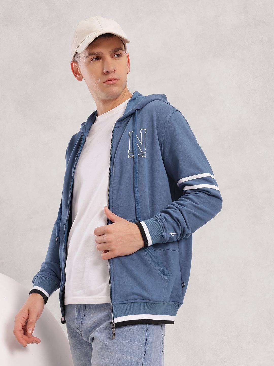 Nautica Brand Logo Printed Hooded Front-Open Sweatshirt with Contrasting Stripes