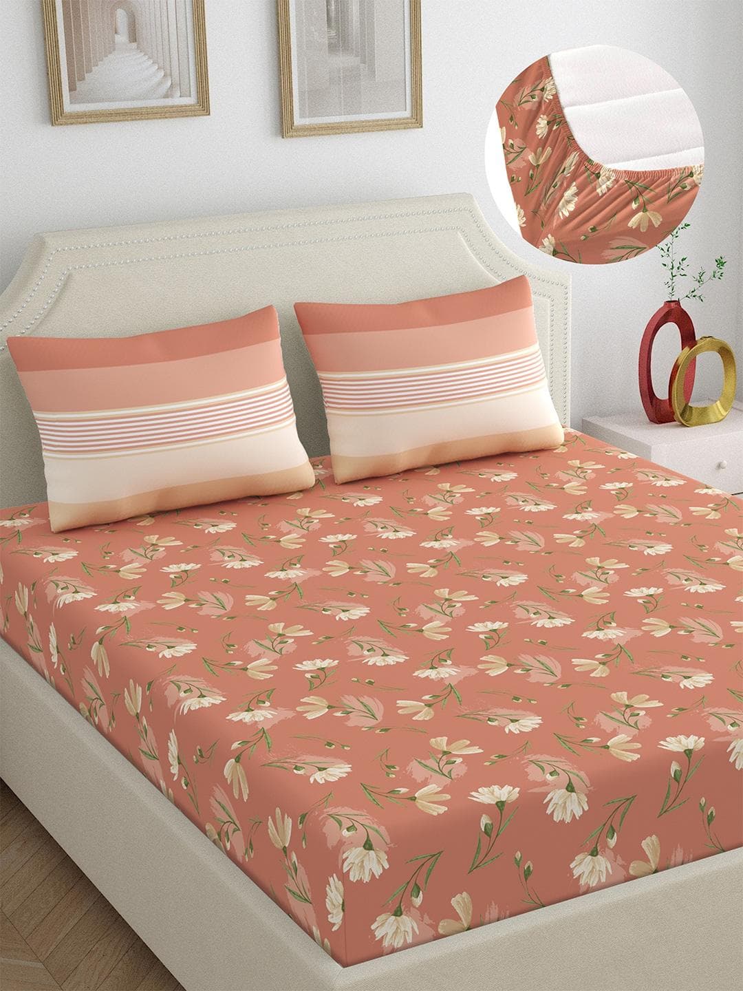 Buy Dreamscape Brown & Green Floral 140 TC Fitted Cotton King Bedsheet With 2 Pillow Covers - - Home for Unisex