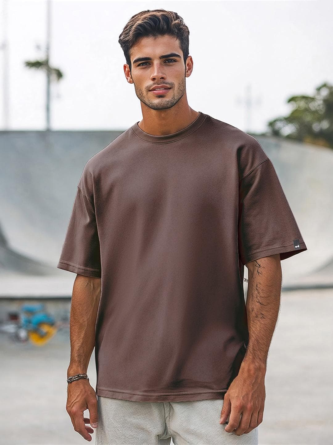 Bewakoof Men Short Brown Pure Cotton Round Neck Drop-Shoulder Sleeves Oversized Fit T-shirt