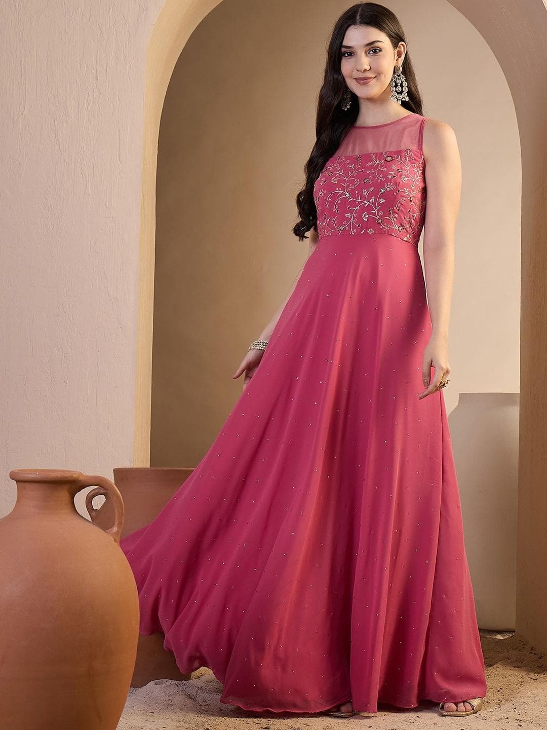 Inddus Women Floral Zari and Sequinned Embroidered Ethnic Dress