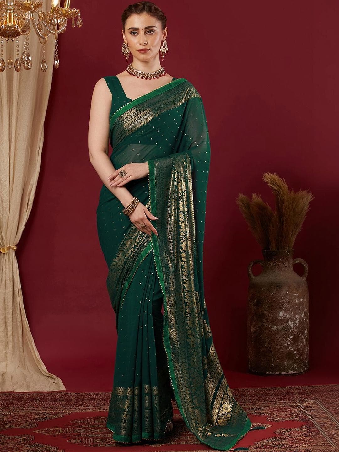 SANISA Floral Zari Poly Georgette Heavy Work Saree
