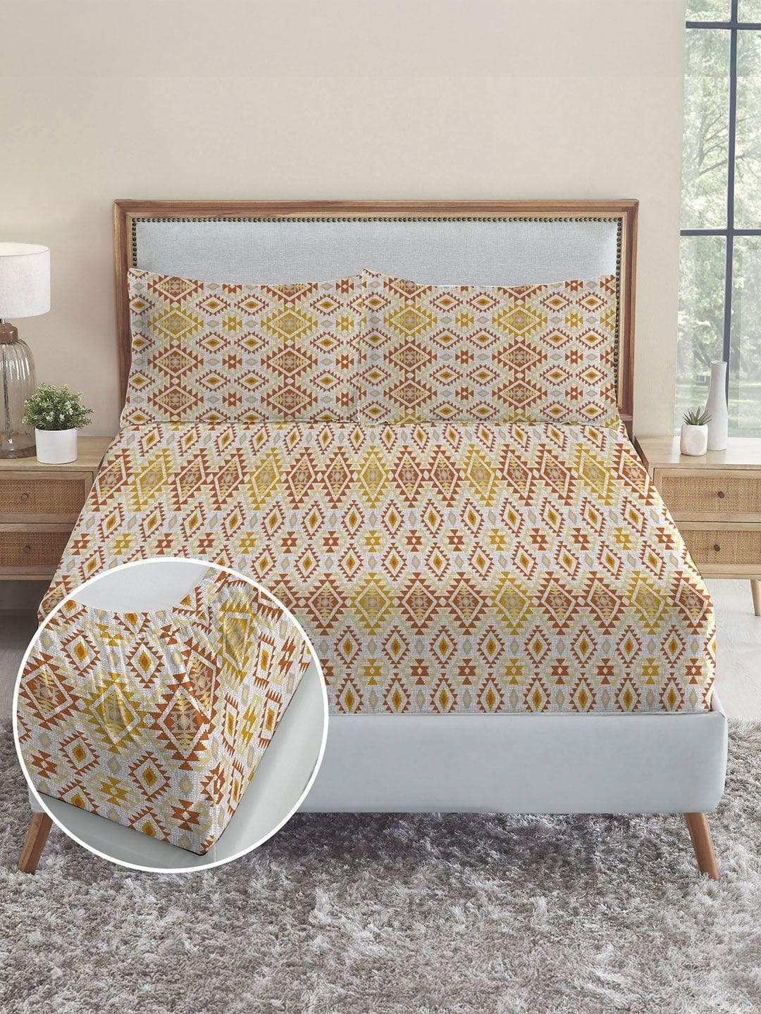 MYTRIDENT Multicoloured Geometric 144 TC Bedsheet with 2 Pillow Covers