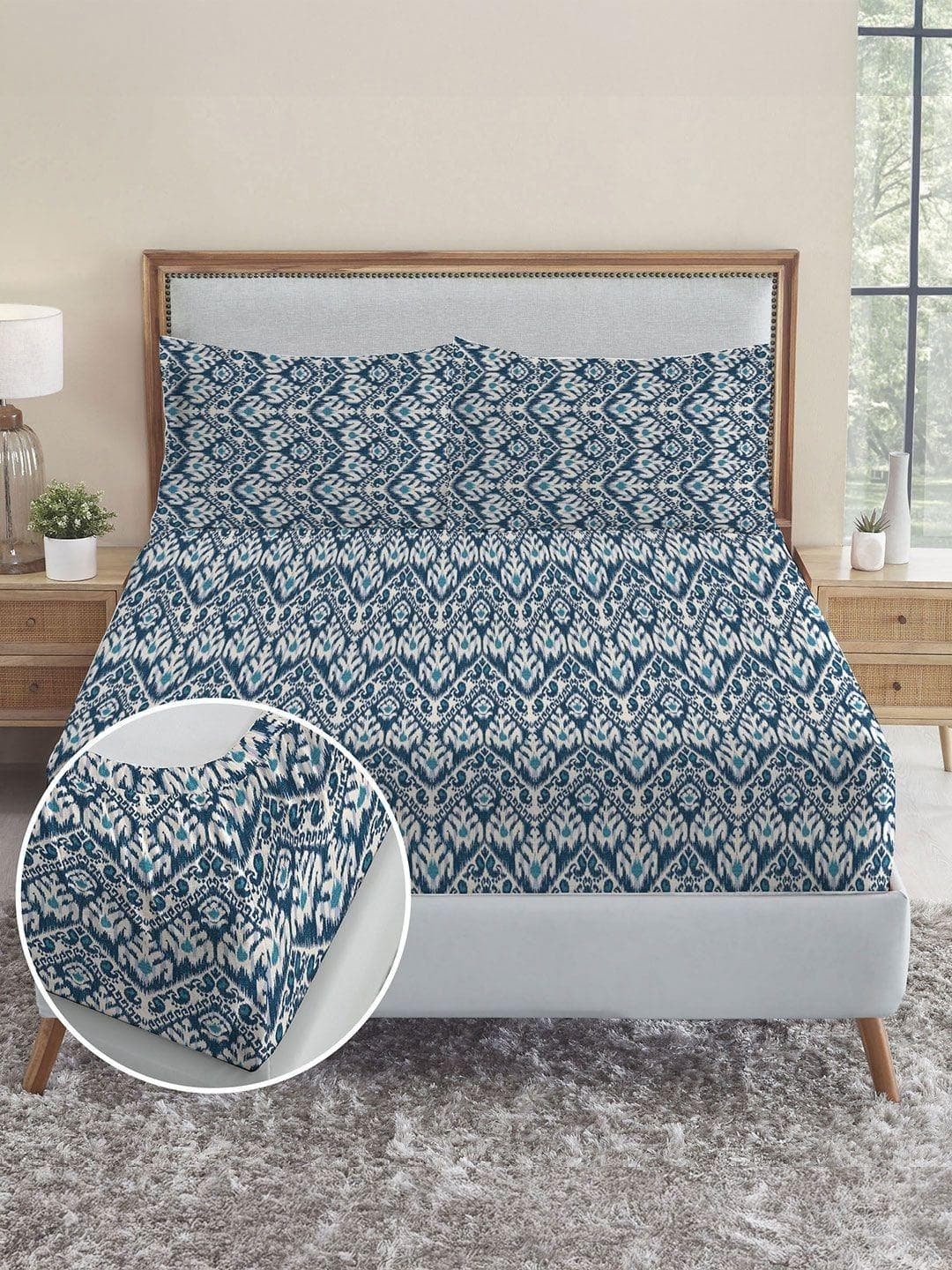 MYTRIDENT Navy Blue Ethnic Motifs 144 TC King Bedsheet with 2 Pillow Covers