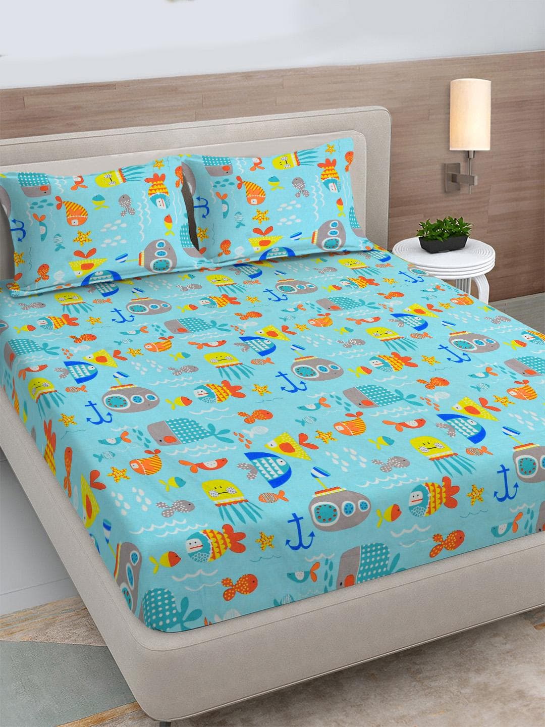FABINALIV Rose Garden Blue Polycotton 300 TC King Bedsheet with 2 Pillow Covers