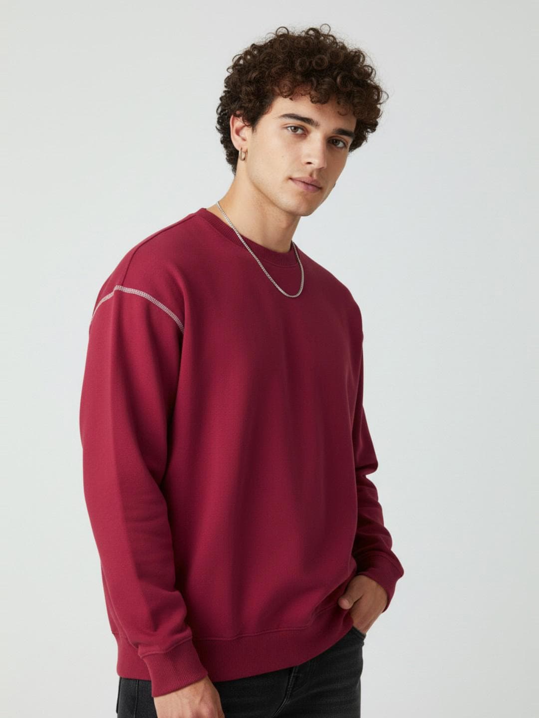 glitchez Round Neck Oversized Fleece Sweatshirt with Contrast Stitching
