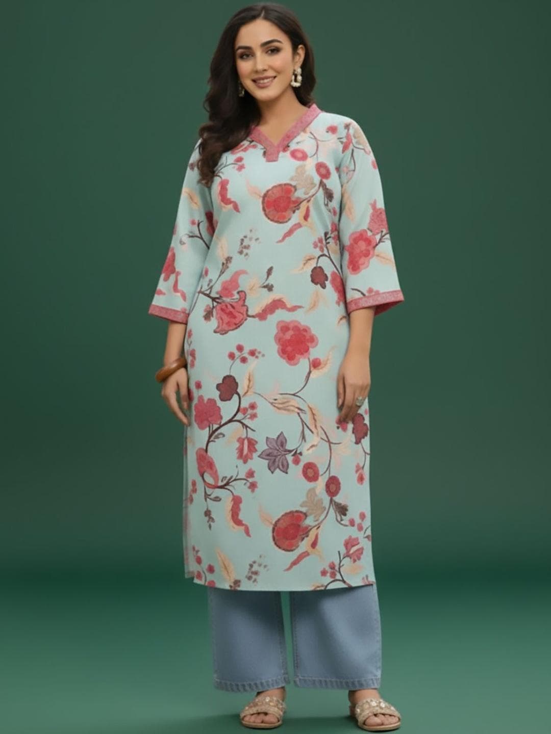 Varanga Women Floral Printed Bell Sleeves Sequinned Floral Kurta