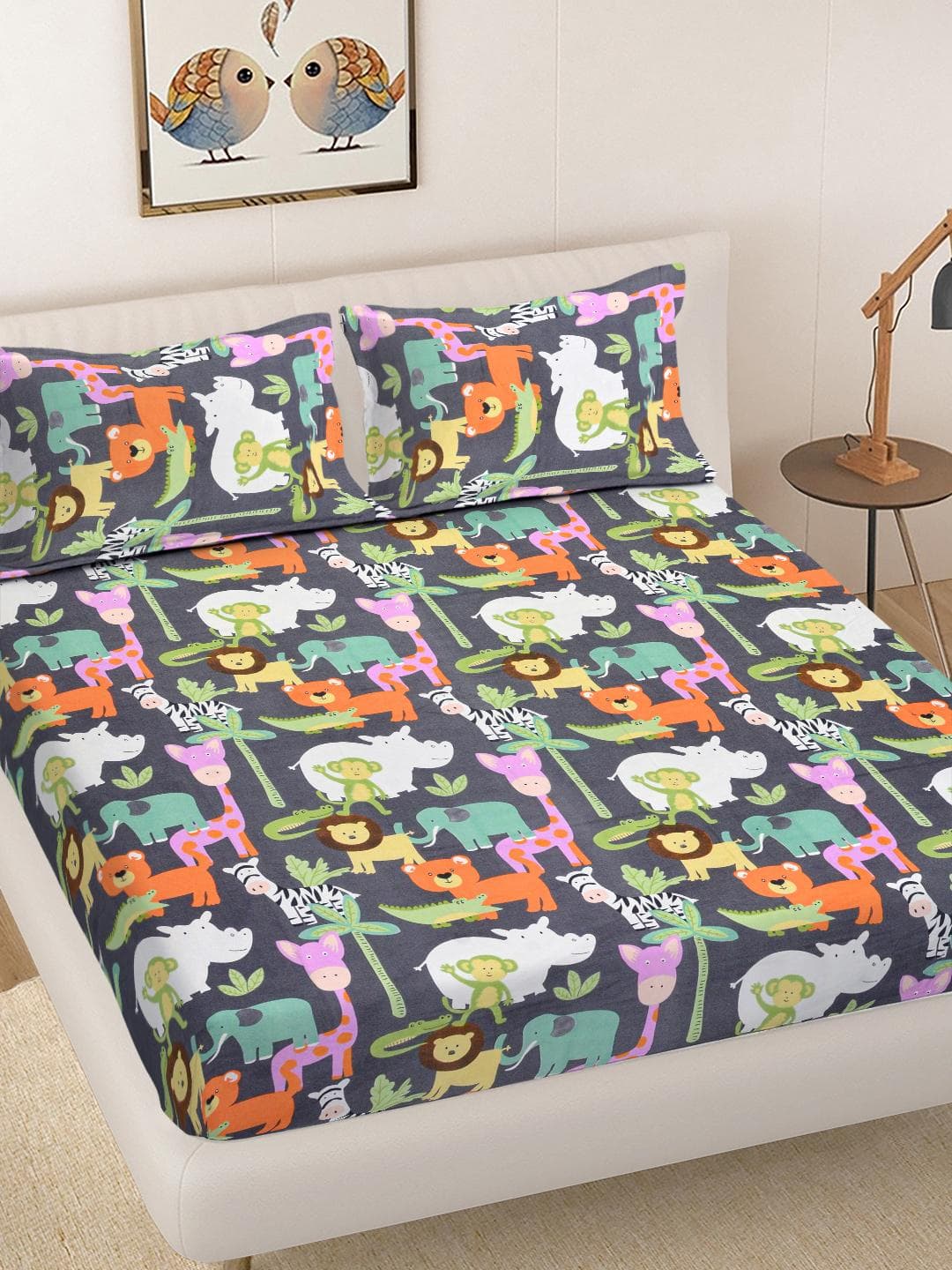 Buy FABINALIV Green Cartoon Print Polycotton 300 TC Fitted King Bedsheet With 2 Pillow Covers - - Home for Unisex Kids