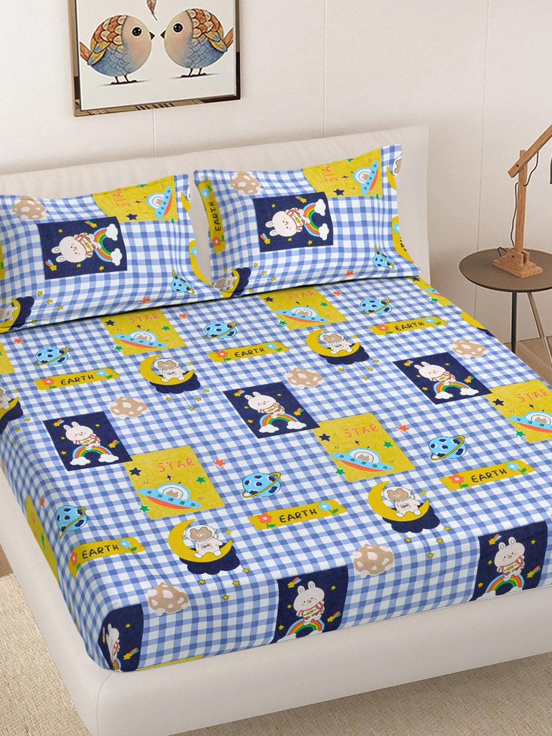 Buy FABINALIV Blue Cartoon Print Polycotton 300 TC Fitted King Bedsheet With 2 Pillow Covers - - Home for Unisex Kids
