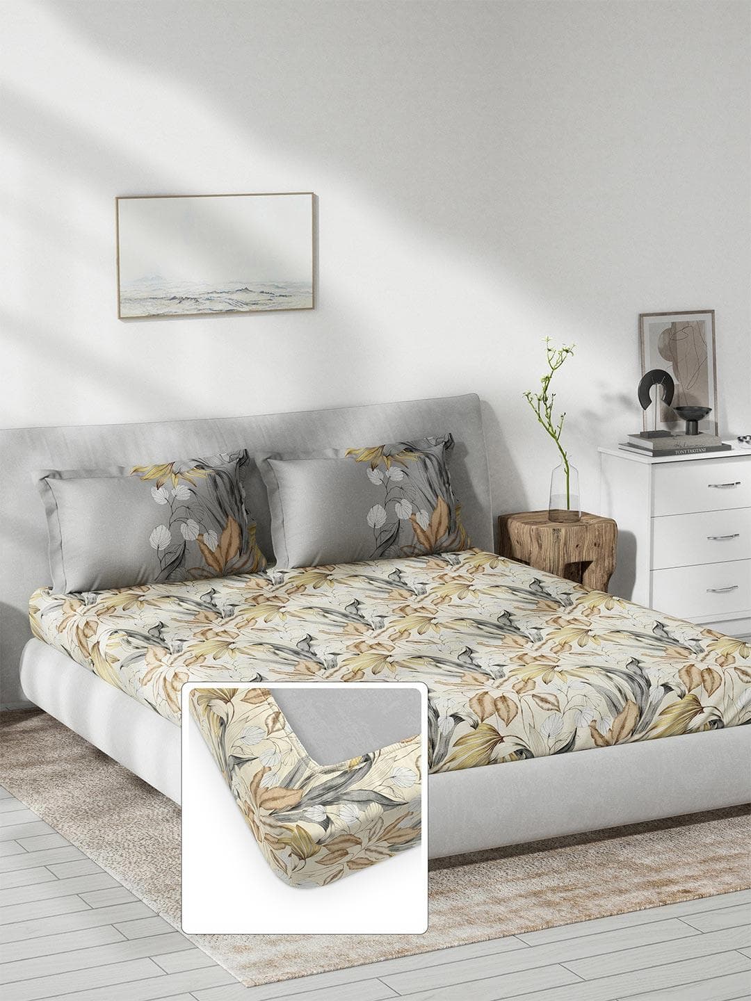 DDecor Live Beautiful White Floral Cotton 144 TC Fitted King Bedsheet with 2 Pillow Covers-198 x 182 cm