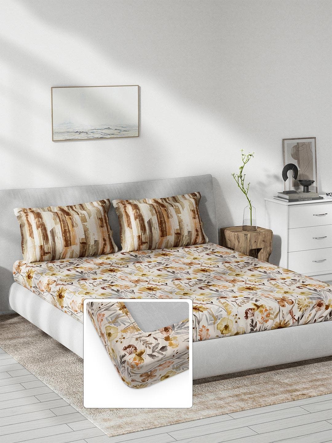DDecor Grey Floral Cotton 144 TC Fitted King Bedsheet with 2 Pillow Covers-72 x 78 inches