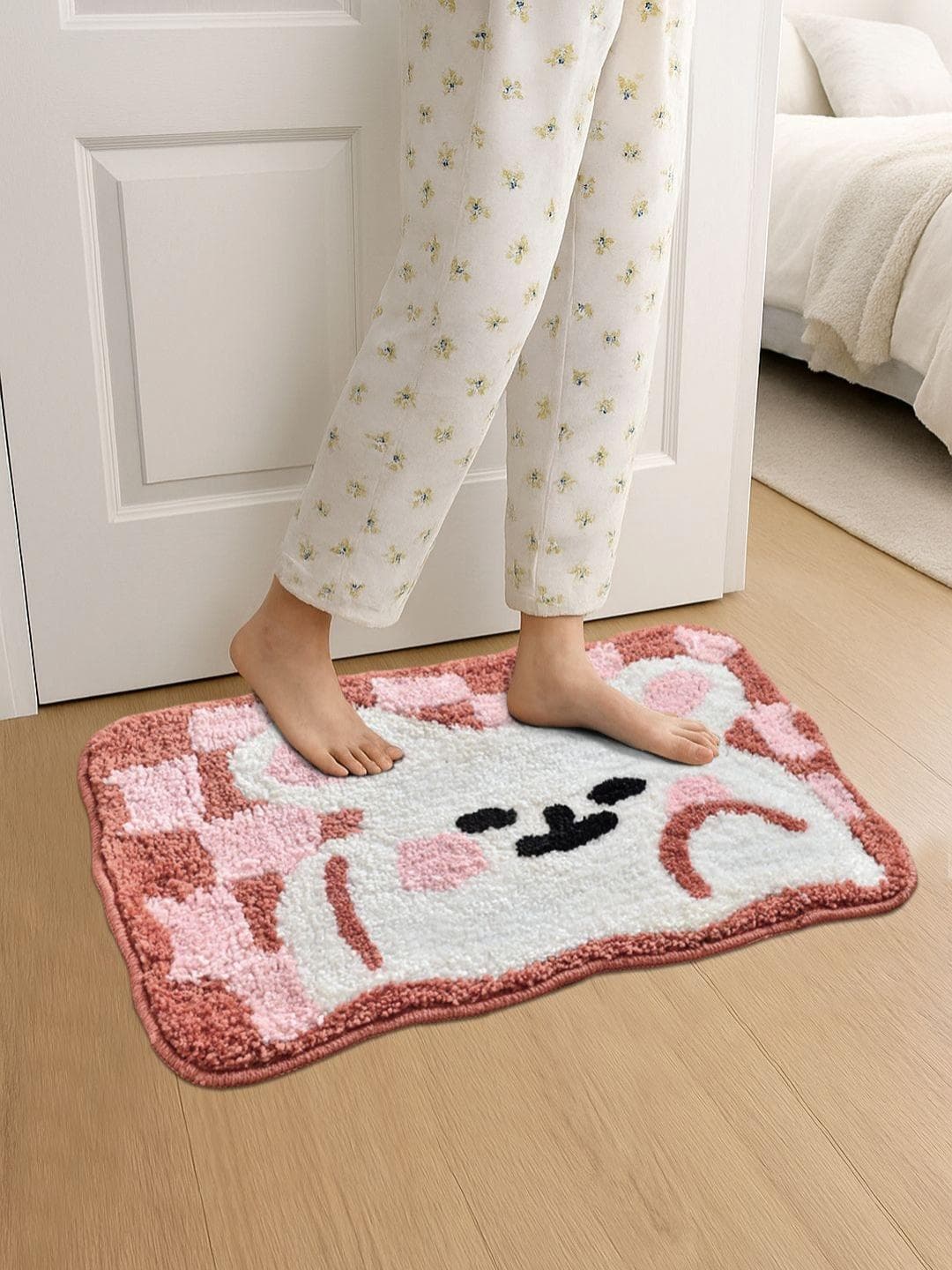 FABINALIV White & Pink Self Design Anti-Skid Doormat