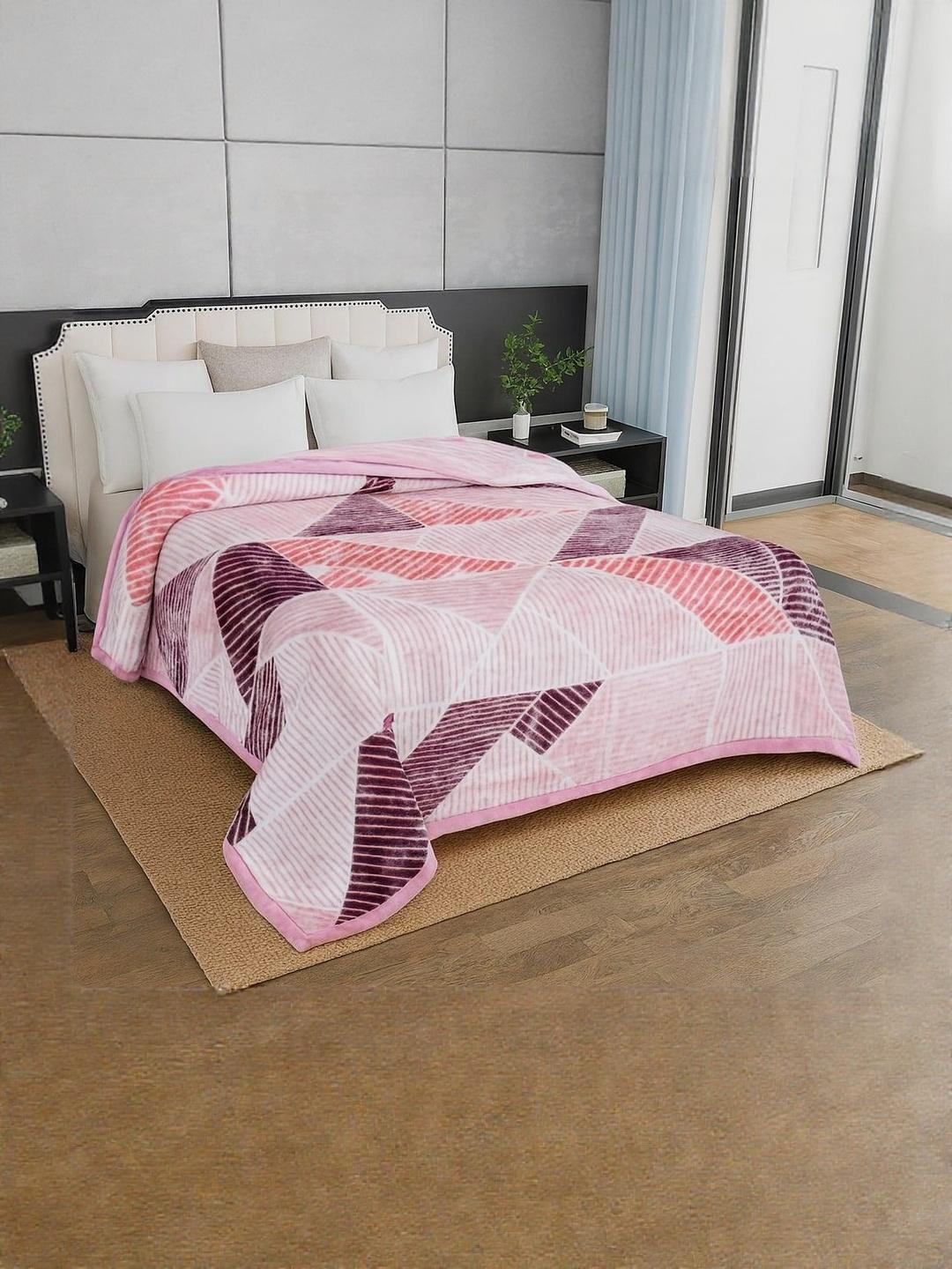 Buy Signature Corbett Pink & White Geometric Printed Mink 500 GSM Mild Winter Blanket - - Home for Unisex