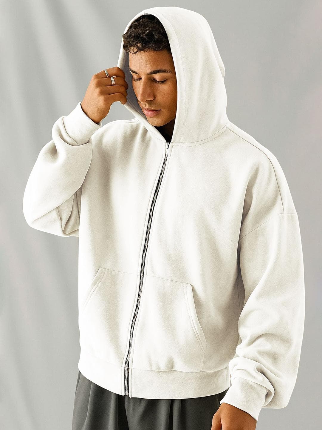 JUMPCUTS Men Hooded Front-Open Sweatshirt