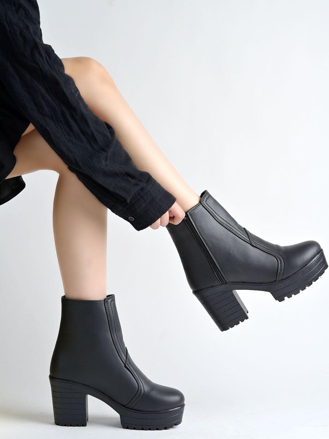 Buy SZN Women Block Heeled Round Toe Mid Top Ankle Boots - - Footwear for Women