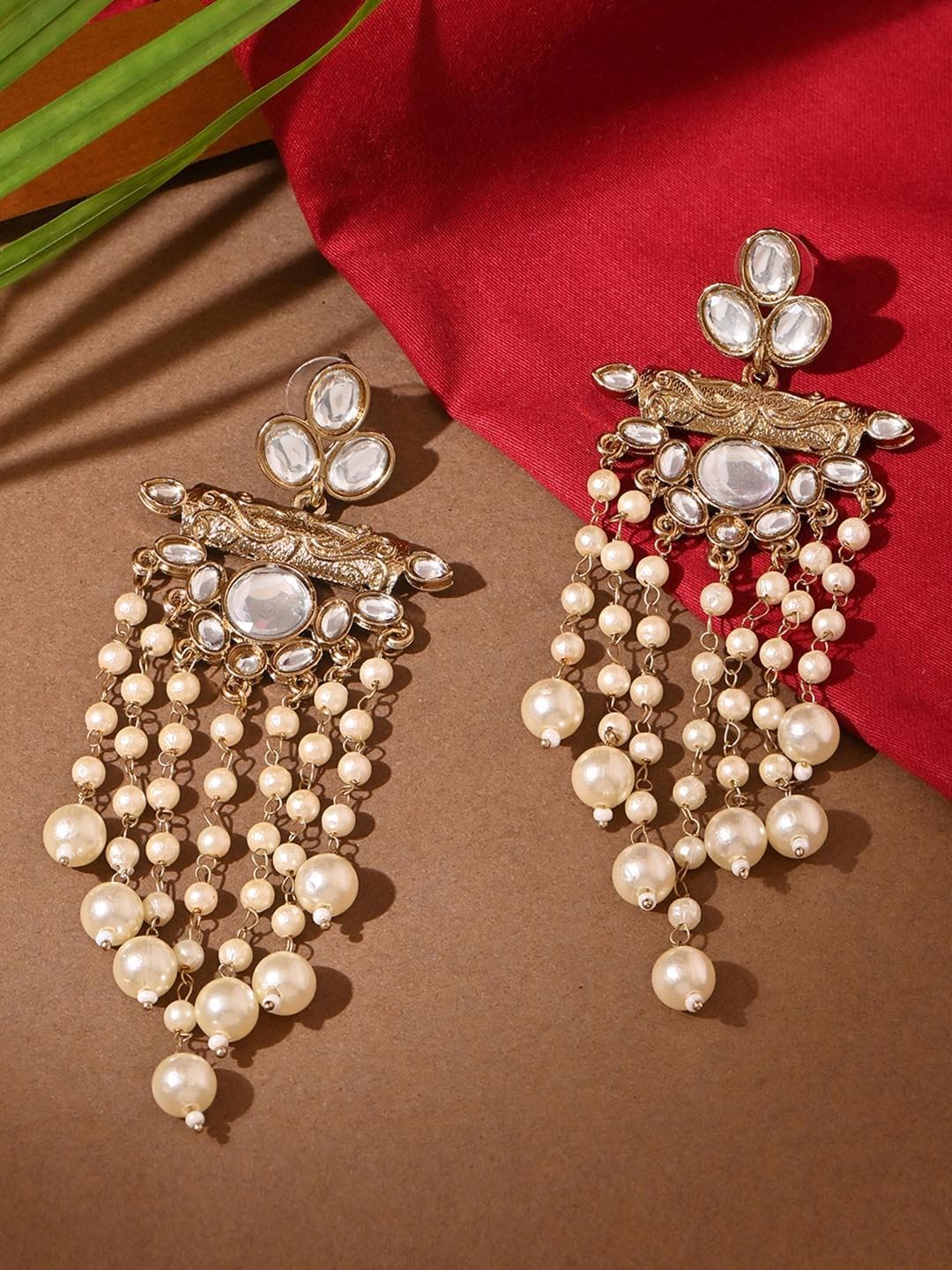 Fida Gold-Plated Kundan Studded Geometric Drop Earrings