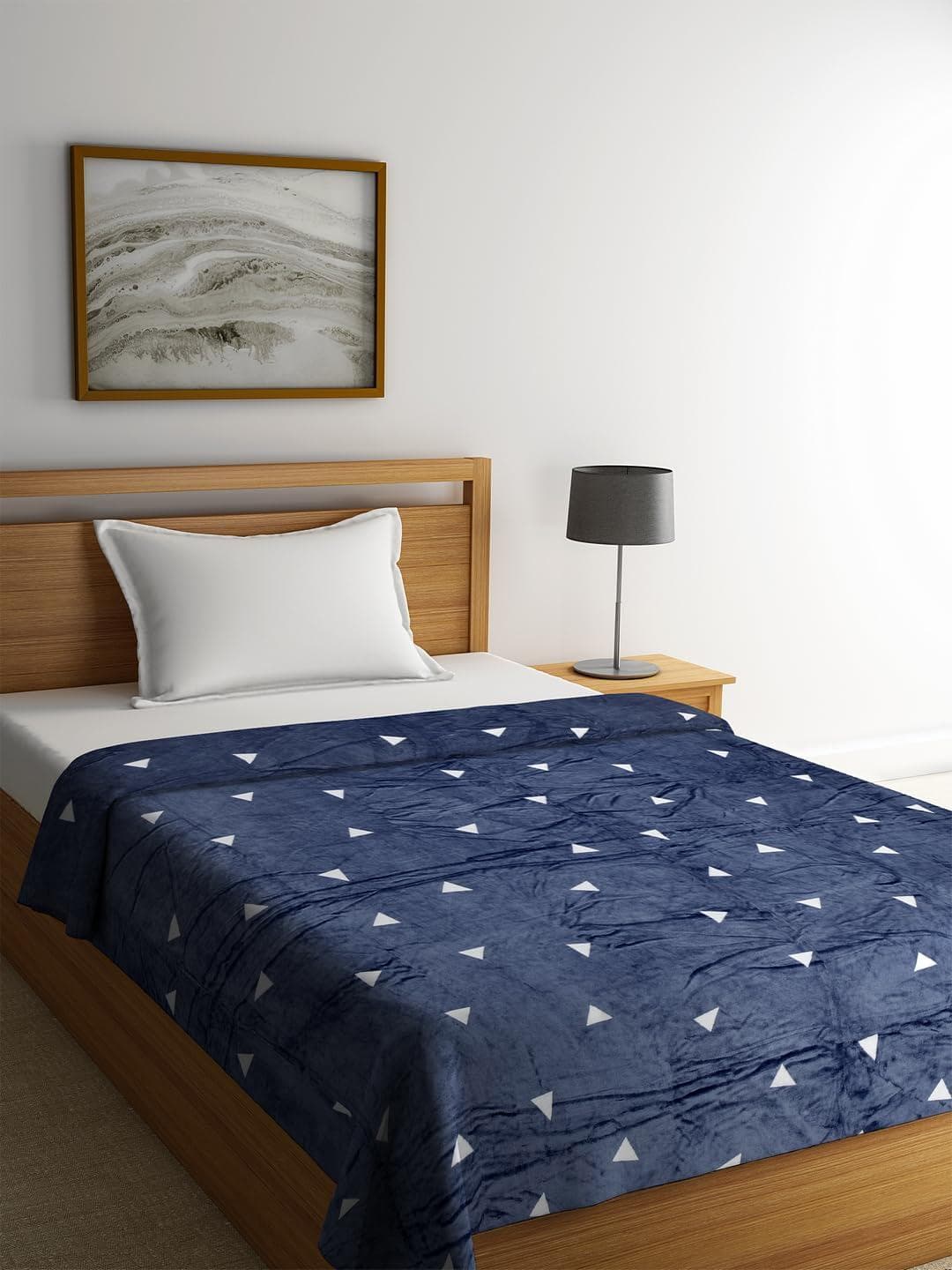 Buy Cortina Navy Blue & White Geometric Microfiber AC Room 250 GSM Single Bed Blanket - - Home for Unisex