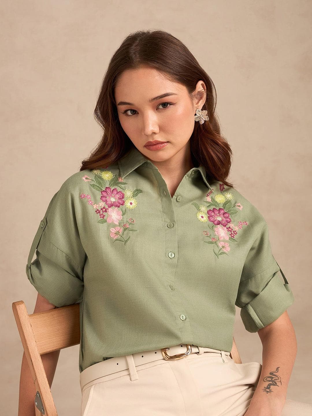Outzidr Women Floral Embroidered Drop Shoulder Regular Fit Casual Shirt
