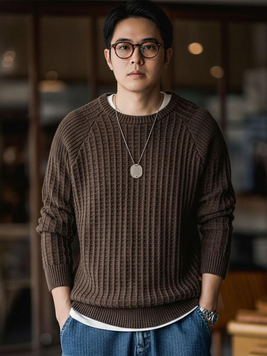 fashlook Men Ribbed Woollen Round Neck Long Sleeves Pullover Sweaters