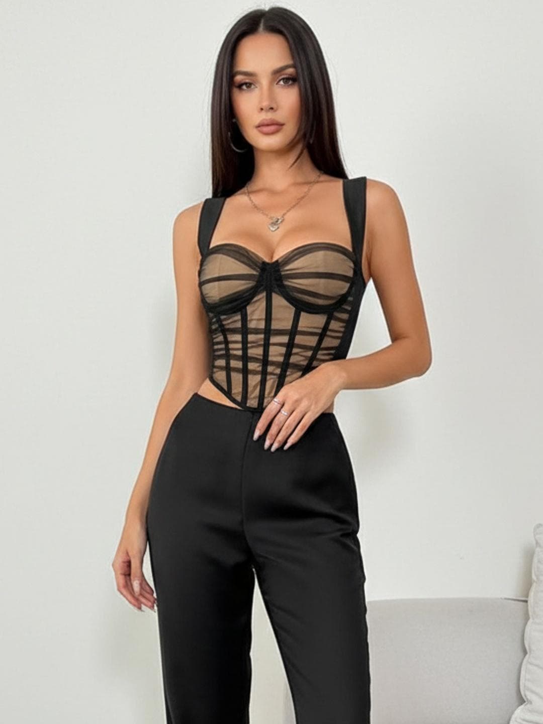 ZYNG Sweetheart Neck Net Crop Top
