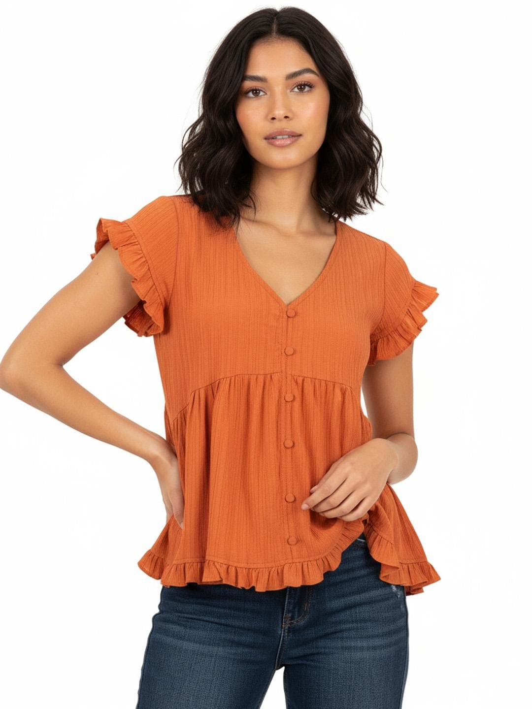 Rust V-neck Ruffled Sleeve Top