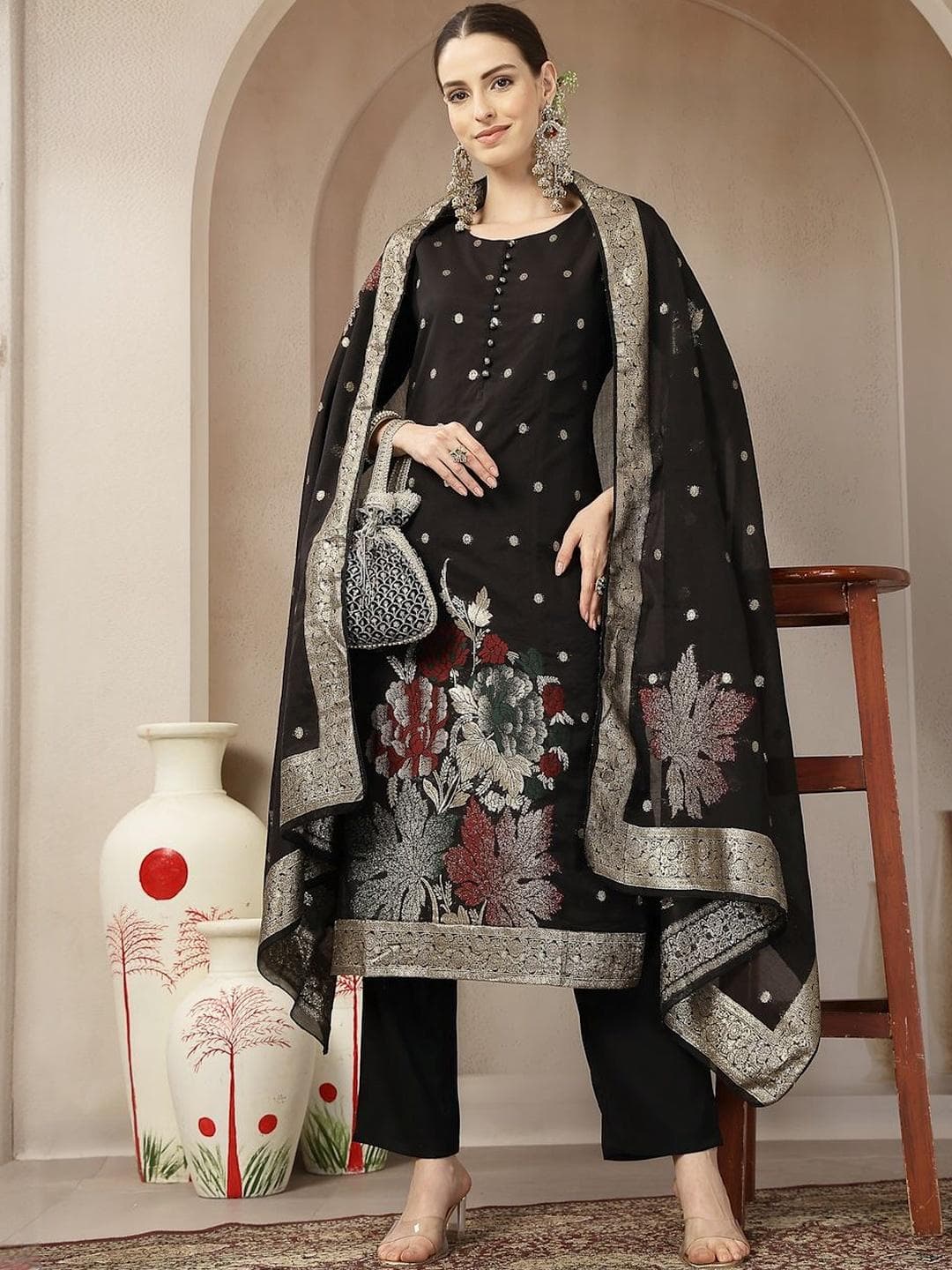 Yufta Women Ethnic Motifs Regular Chanderi Silk Kurta with Trousers & With Dupatta