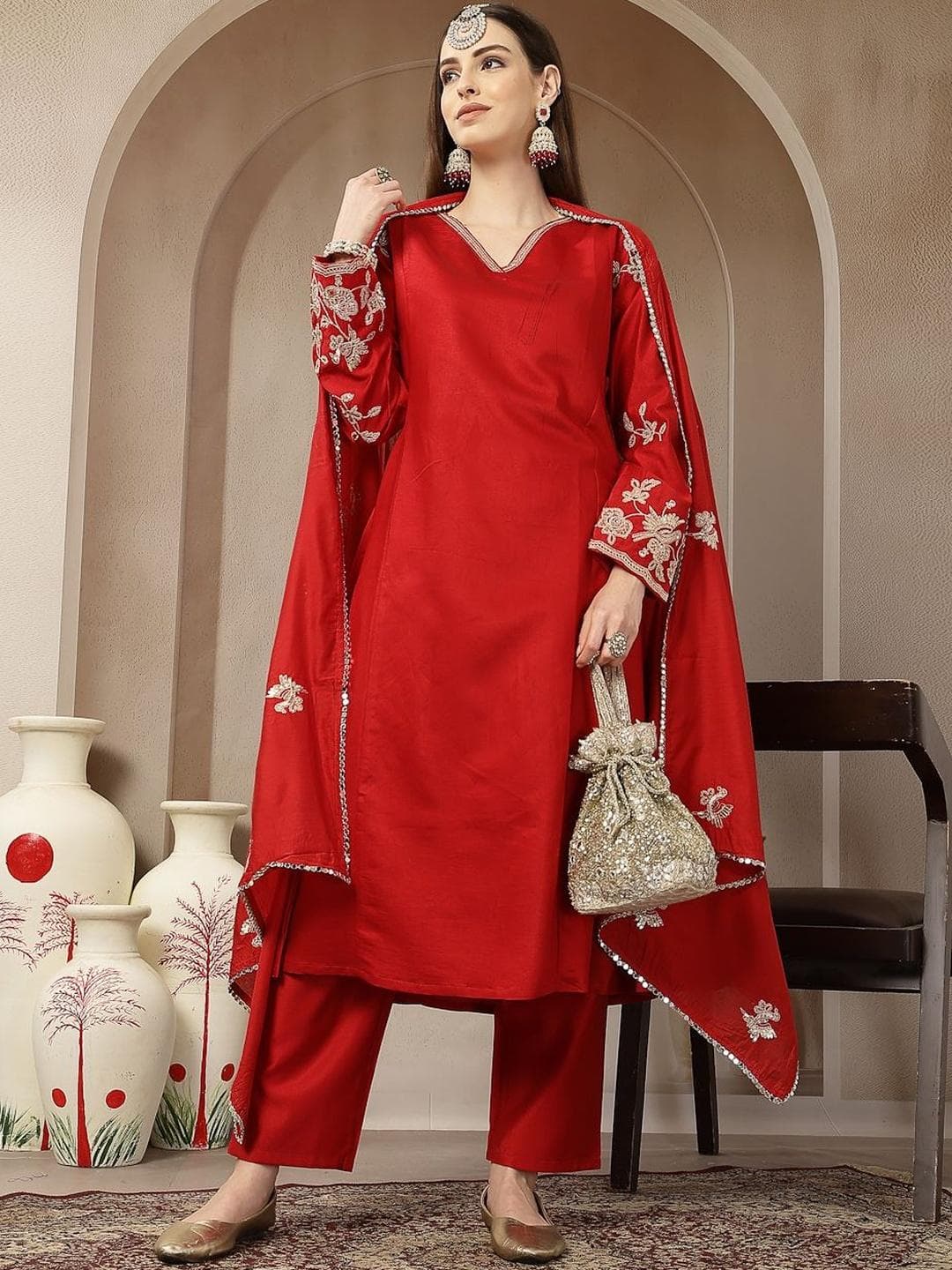 Yufta Women Ethnic Motifs Embroidered Regular Thread Work Kurta with Trousers & With Dupatta