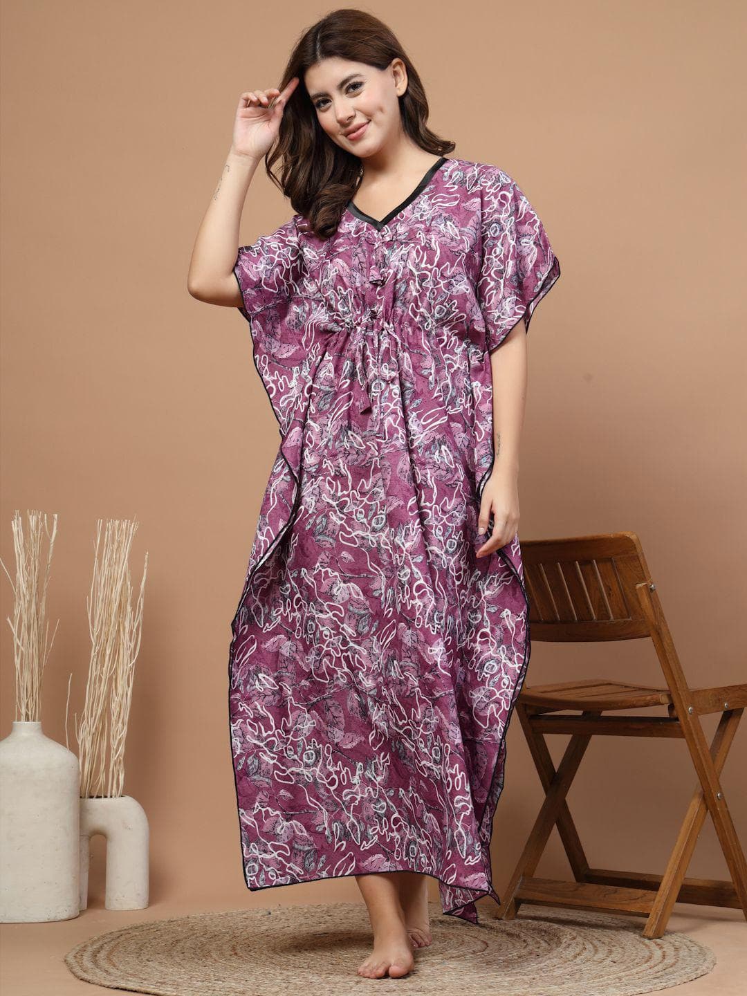 KLOTTHE Women Floral Printed V-Neck Kaftan Maxi Nightdress