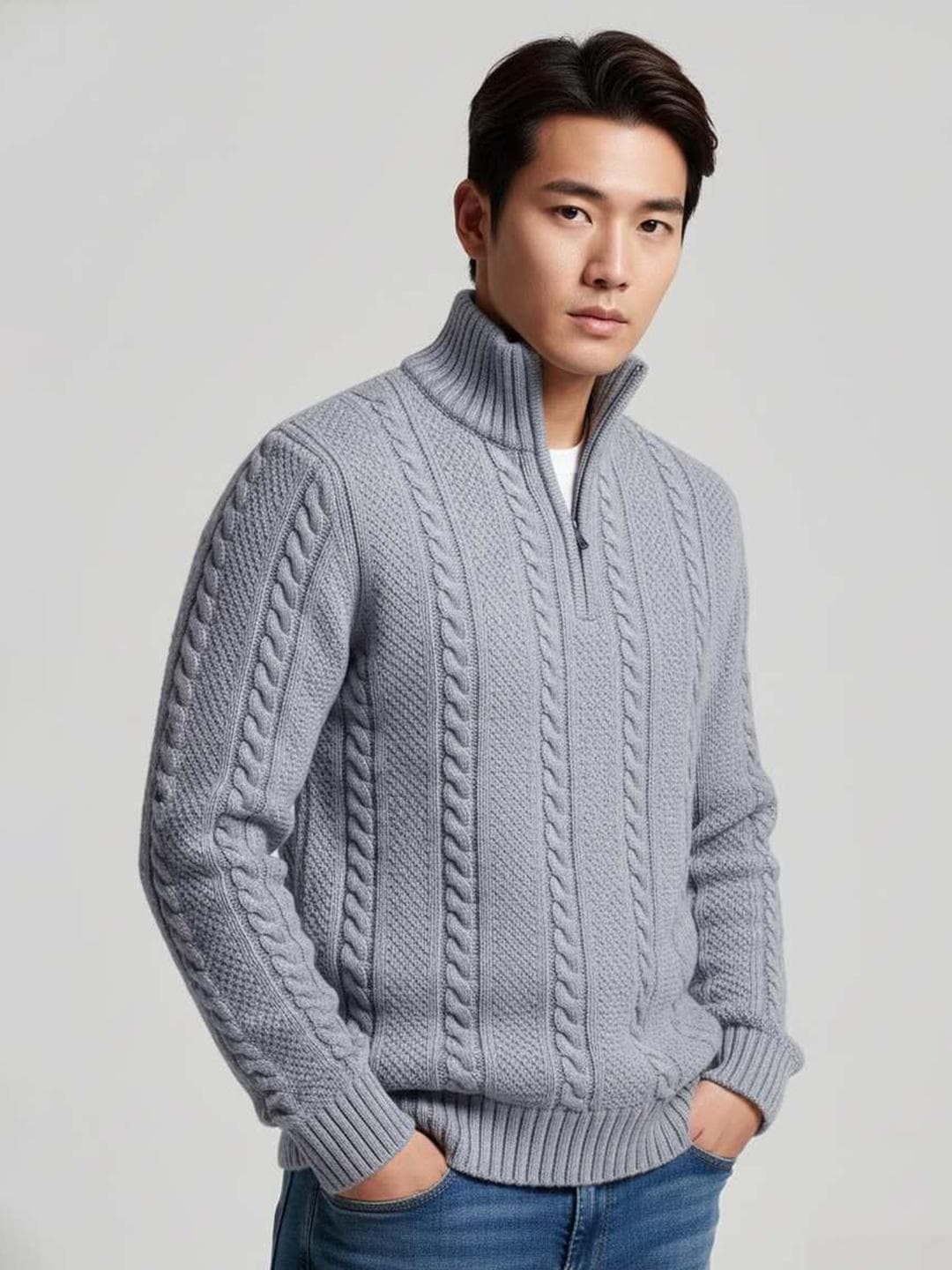 fashlook Men Cable Knit Mock Collar Long Sleeves Half Zipper Pullover Sweater