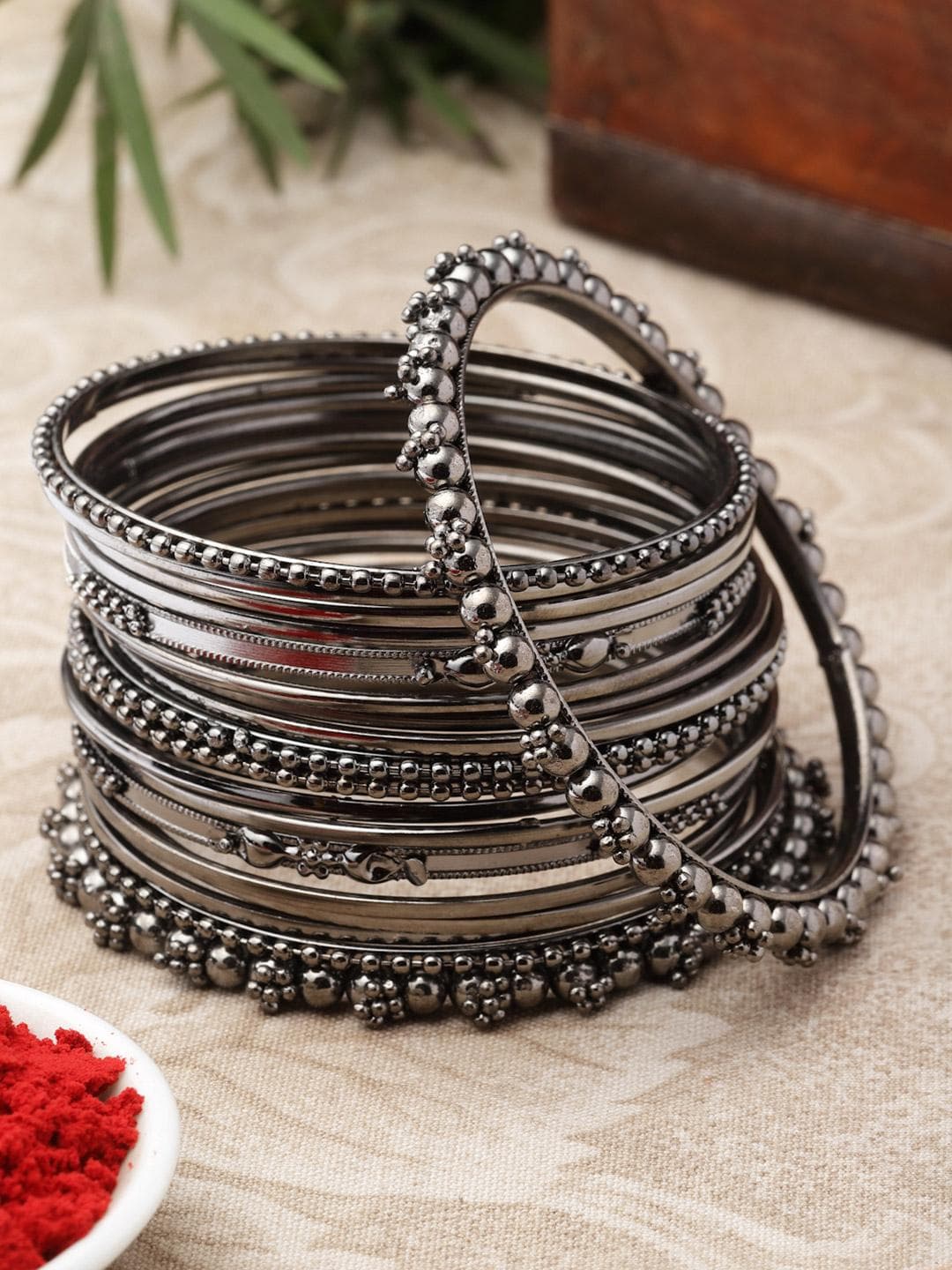 ZENEME Set Of 20 Silver-Plated Textured Oxidised Bangles