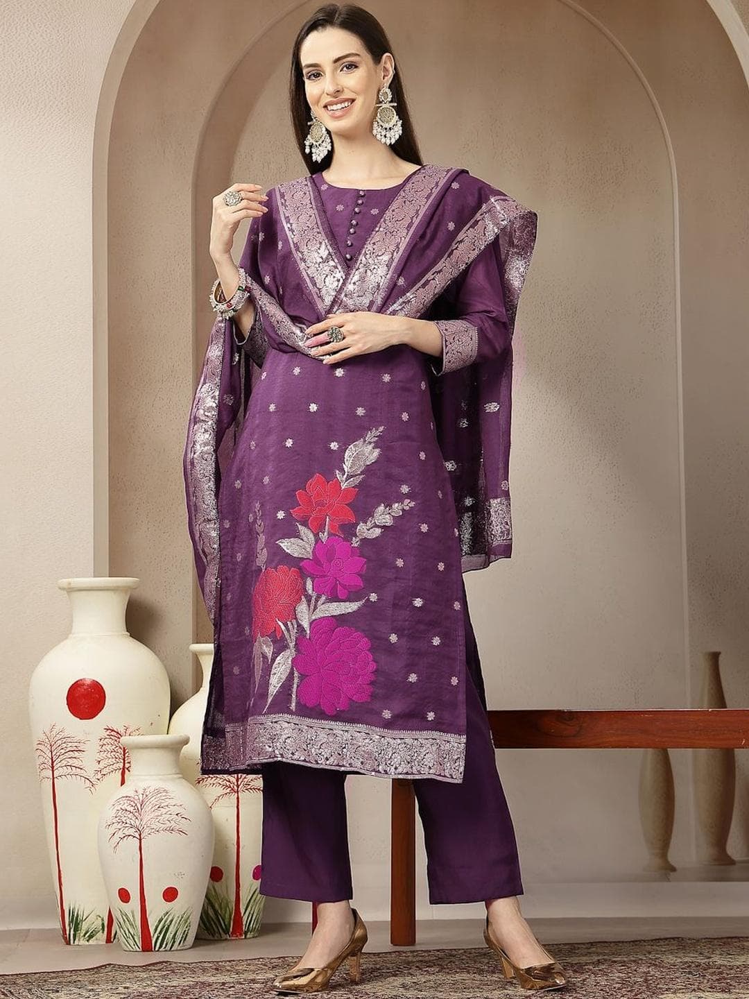 Yufta Women Regular Chanderi Silk Kurta with Trousers & With Dupatta