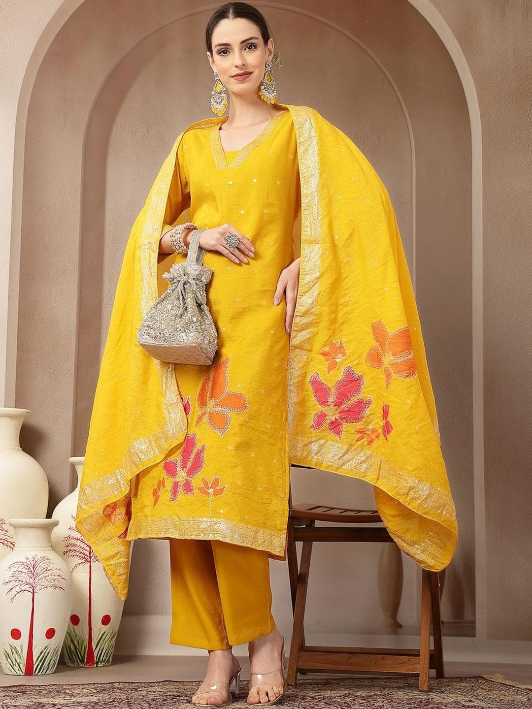 Yufta Women Floral Printed Regular Chanderi Silk Kurta with Trousers & With Dupatta